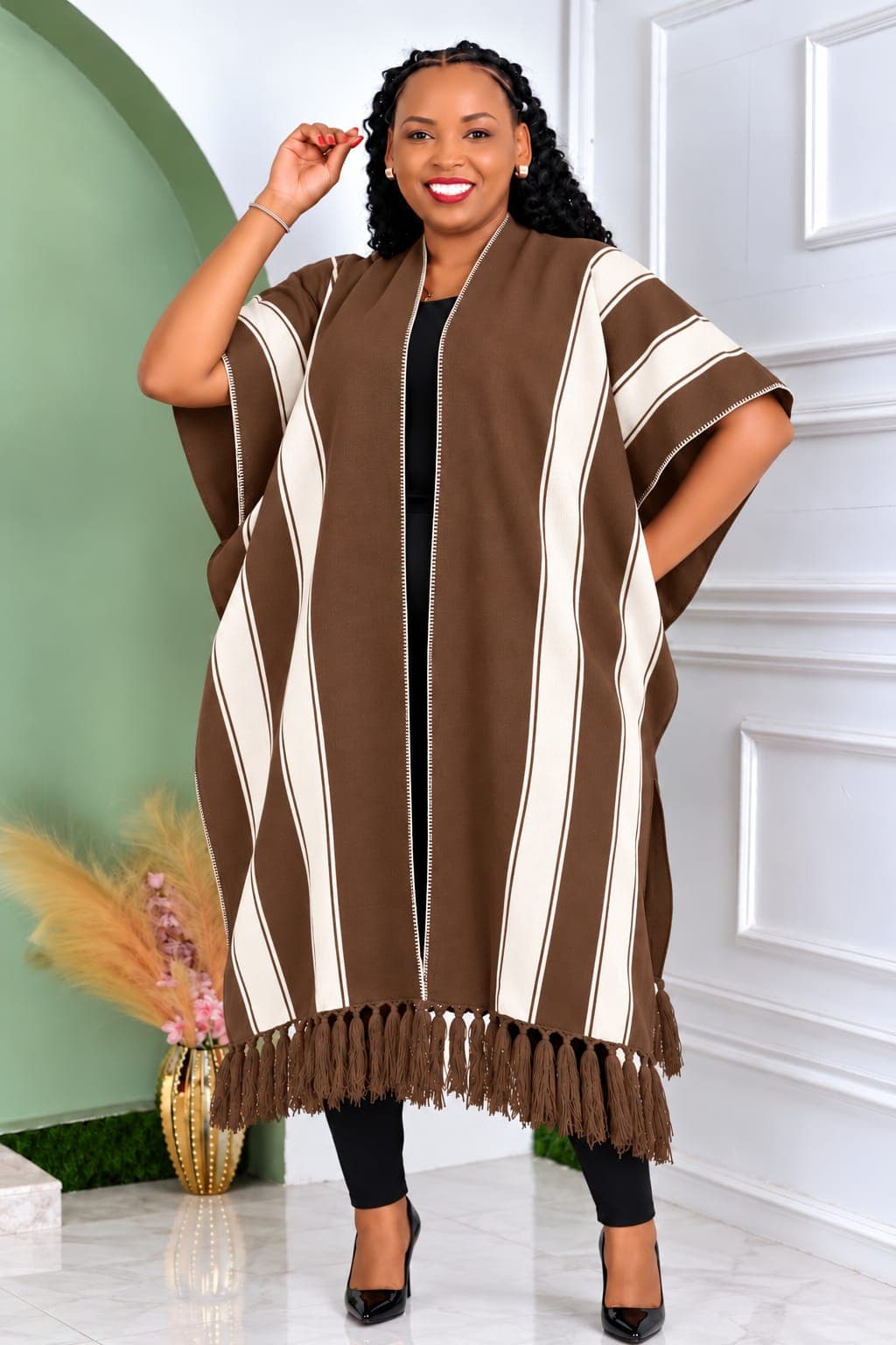 Striped Tassel Poncho Cape - Brown, Navy, Black & Red