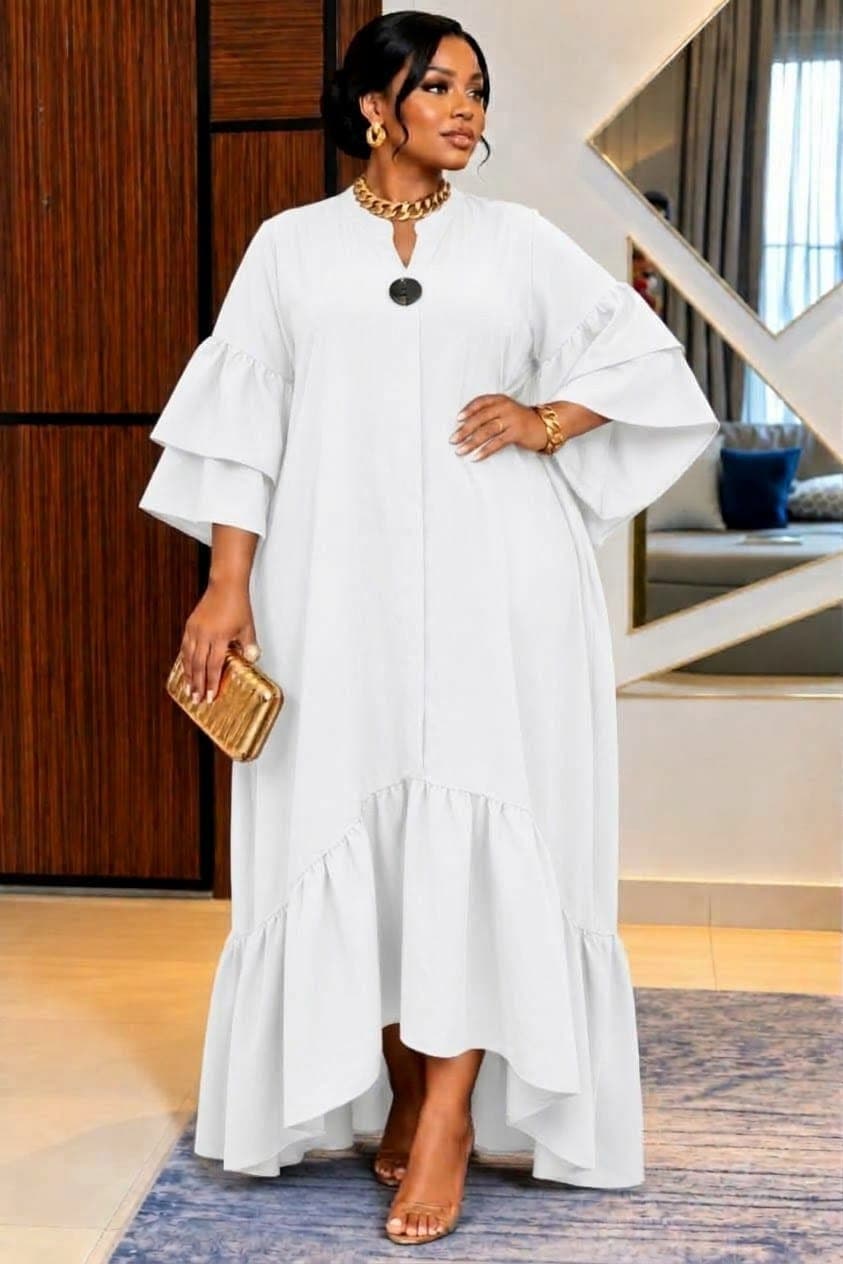 Tiered Sleeve Maxi Dress - White & Mustard