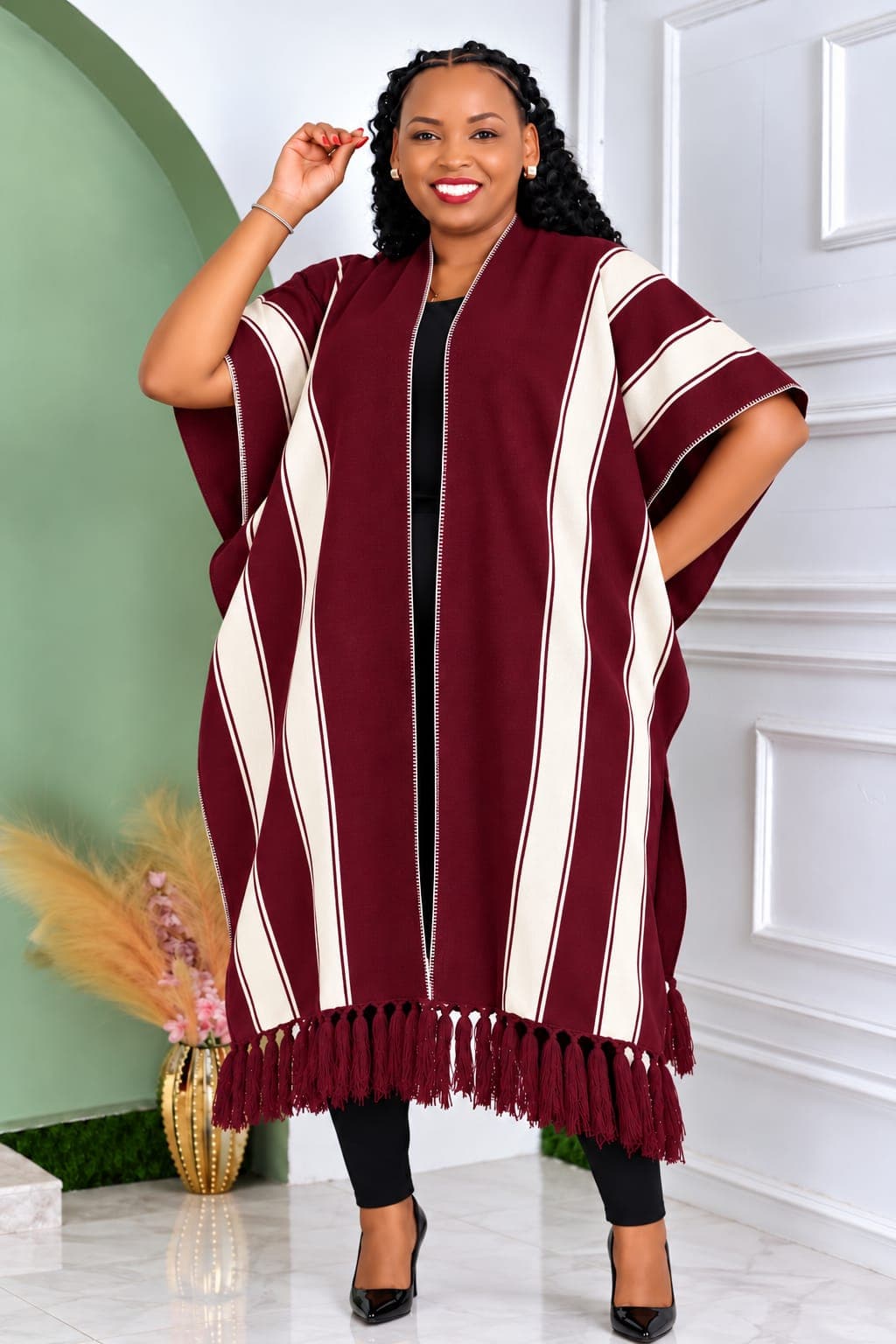 Striped Tassel Poncho Cape