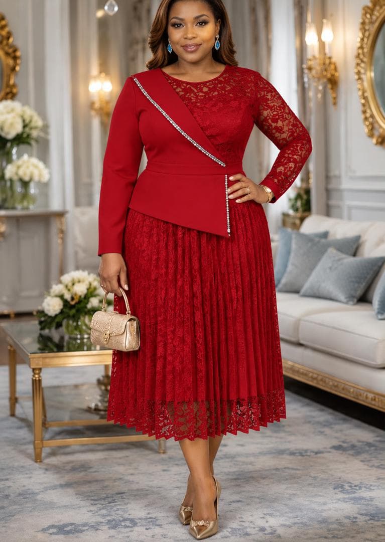 Lace Peplum Top & Pleated Skirt Set - Red & White
